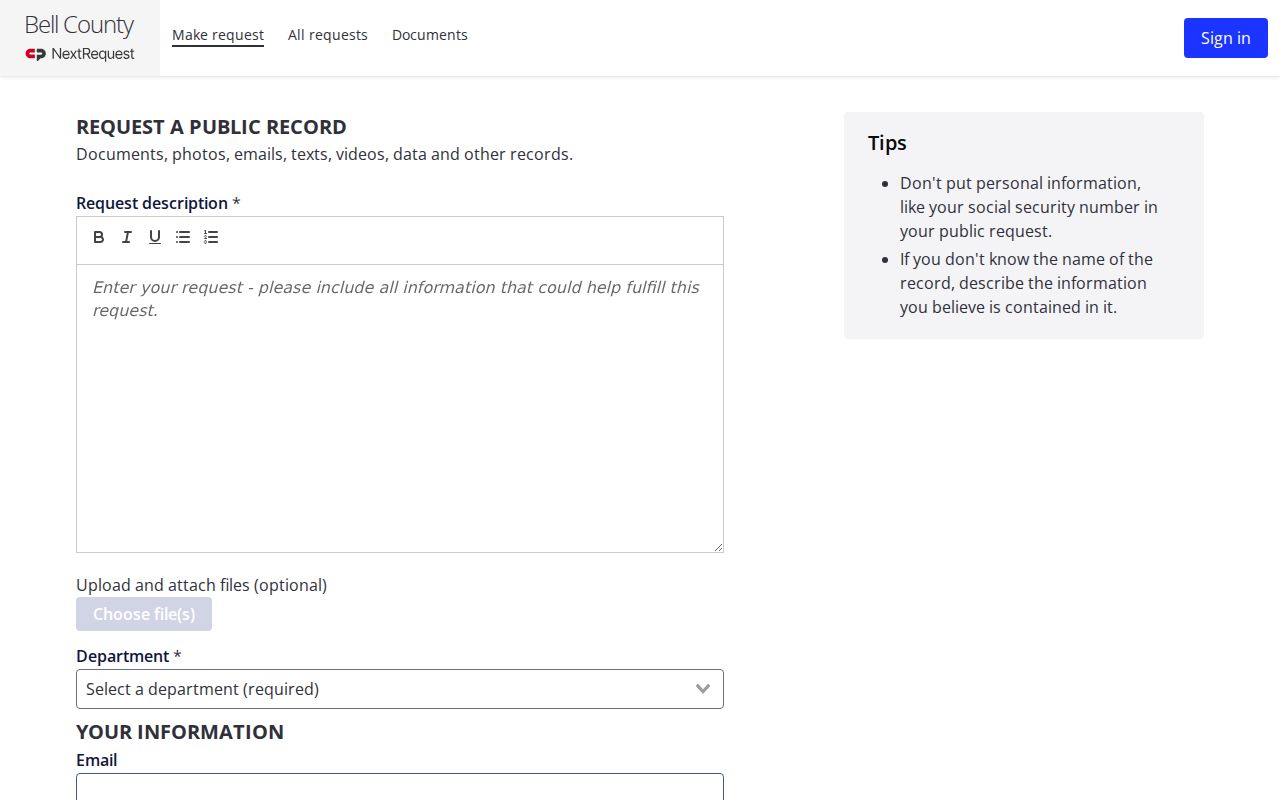 Bell County warrant records public-information request portal controls