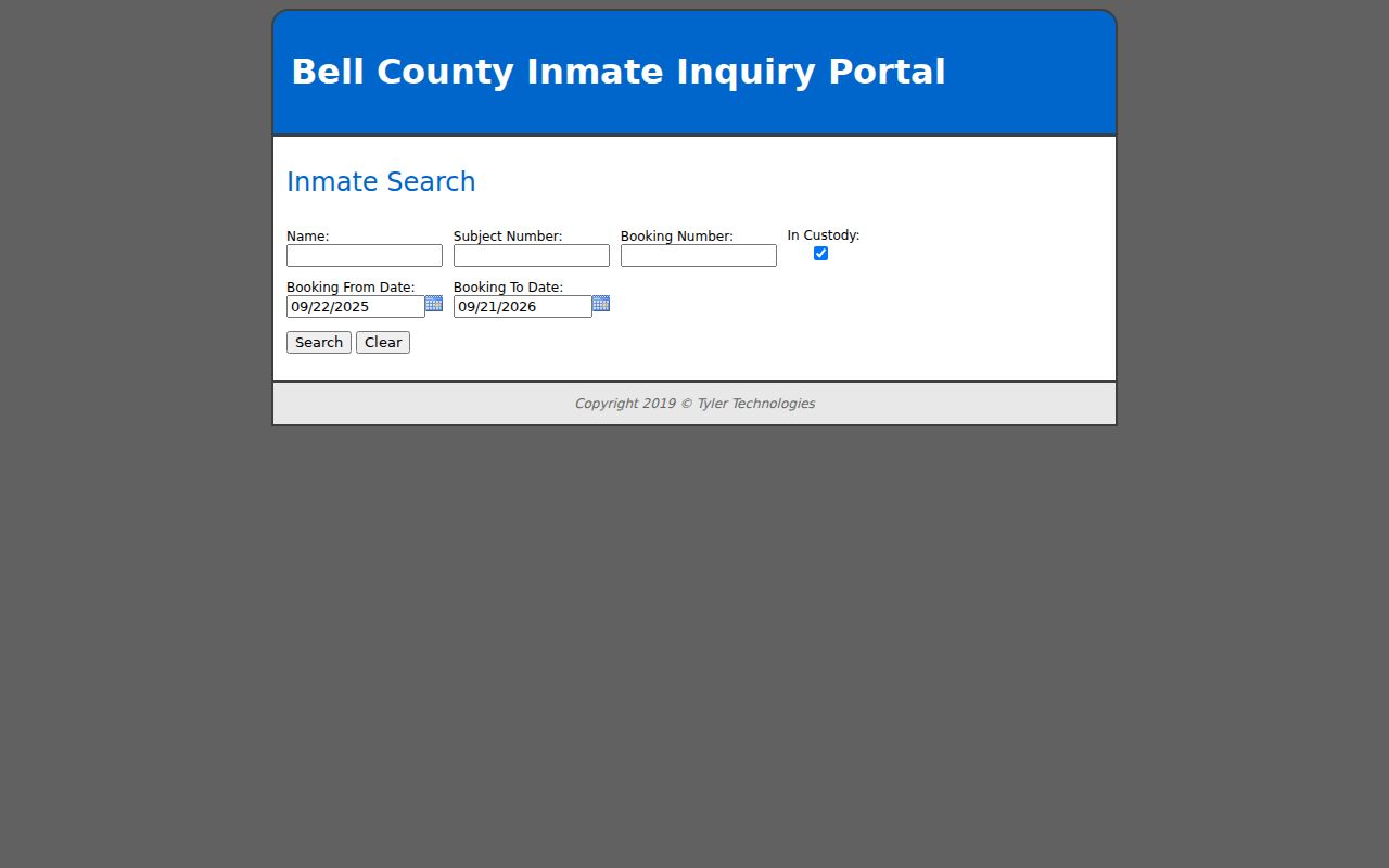 Bell County warrant records resource showing the official inmate search fields