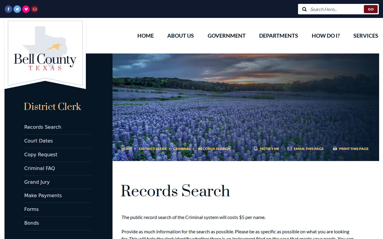 Bell County District Clerk criminal-record search instructions and five-dollar per-name fee