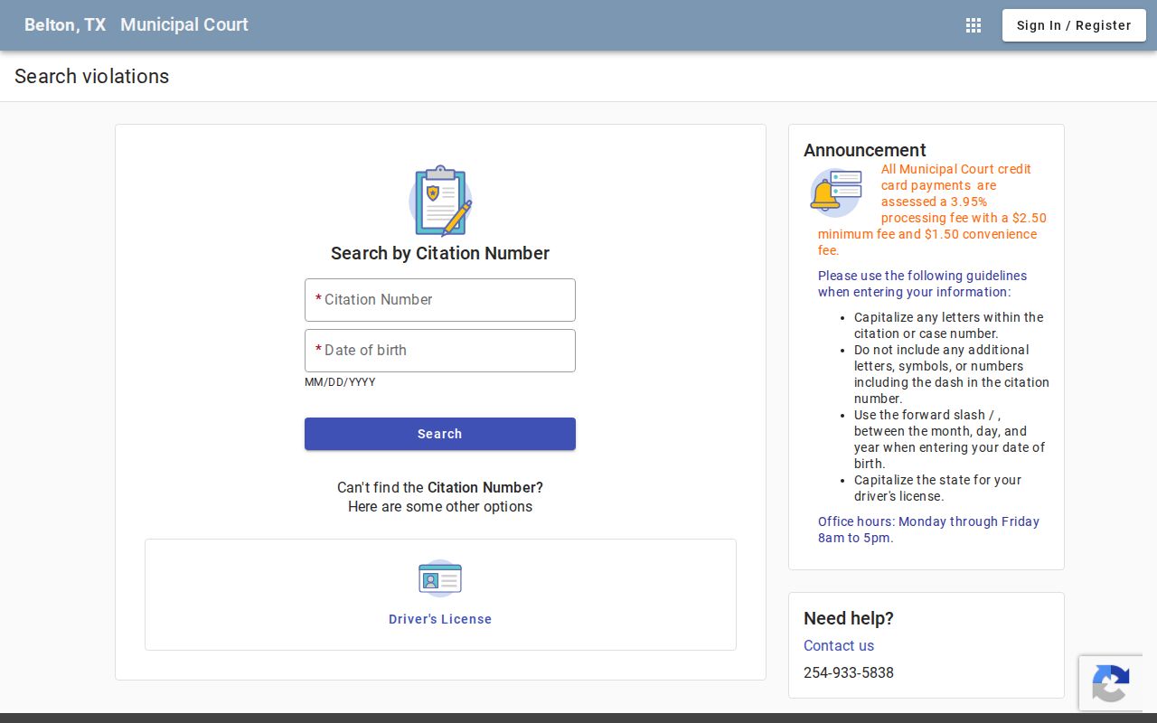 Belton warrant search fields on the official municipal court payment interface