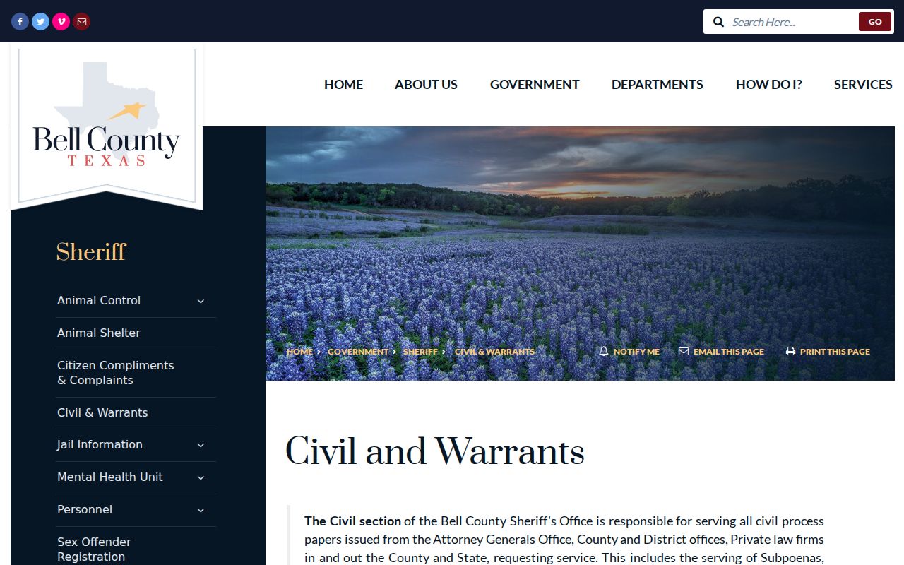 Bell County Sheriff's Civil and Warrants page describing service, maintenance, and filed warrants