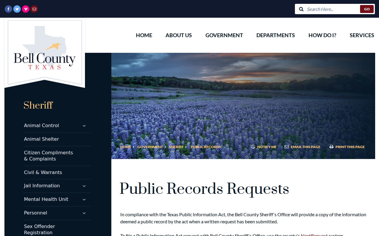 Bell County warrant lookup written-request information under the Texas Public Information Act