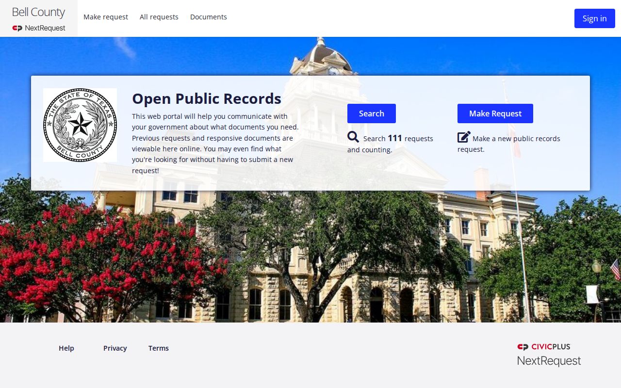 Bell County public-record portal landing page with search and make-request controls